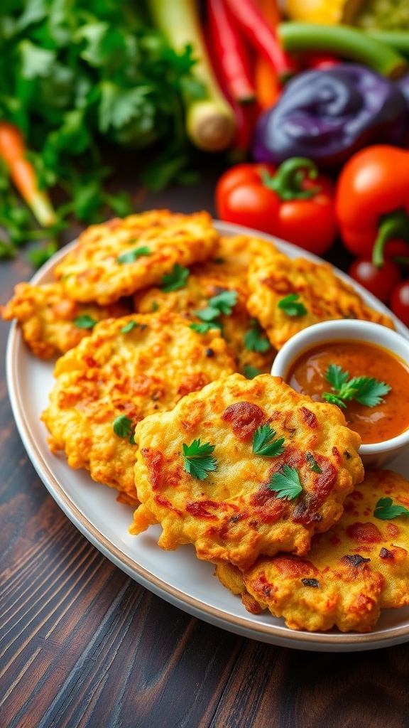 Crispy vegetable fritters served with dipping sauce on a rustic table.